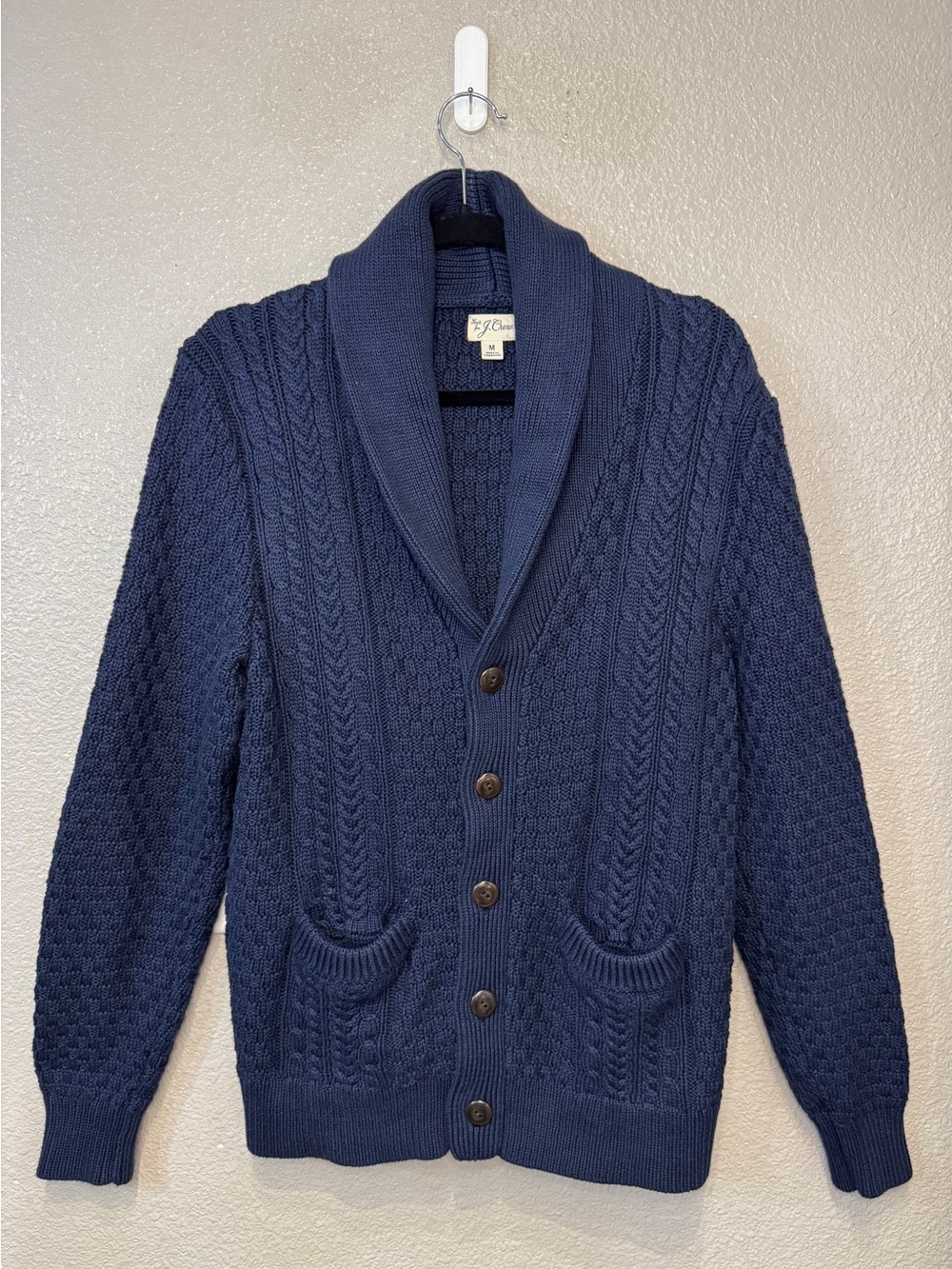 J.Crew Cotton Cable Knit Shawl Collar Cardigan Navy Blue M
